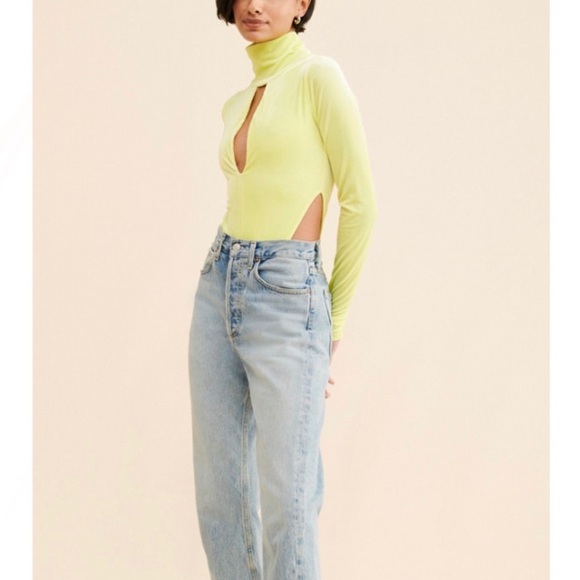 AFRM Dev Ribbed Velvet Cutout Detail Bodysuit In Sunny Lime - Picture 1 of 13